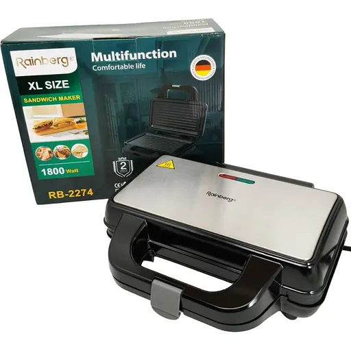 Прижимной контактный электрический гриль Rainberg RB-2274 домашний с антипригарным покрытием 1800Вт Серый - фото 1