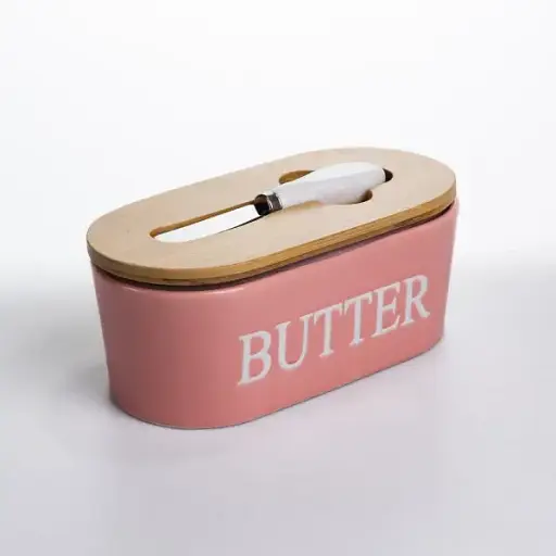 Маслянка порцелянова Yiwu з бамбуковою кришкою та ножем для масла рожевий CYT-P - фото 4