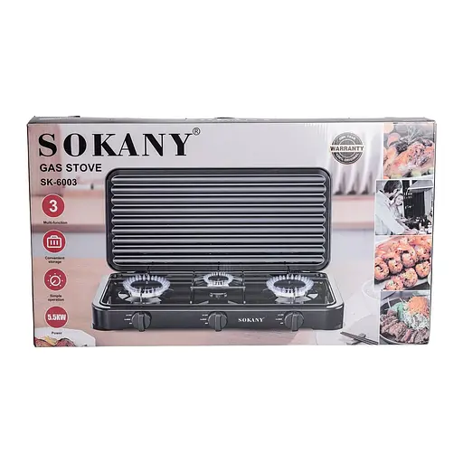 Настільна газова плита Sokany SK-6003B 3 конфорки 5.5 кВт під балонний газ Чорний - фото 9