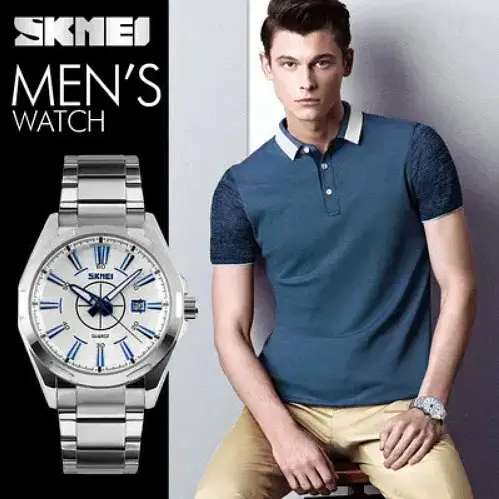 Классические мужские часы Skmei 9118 серебристые с синим - фото 3