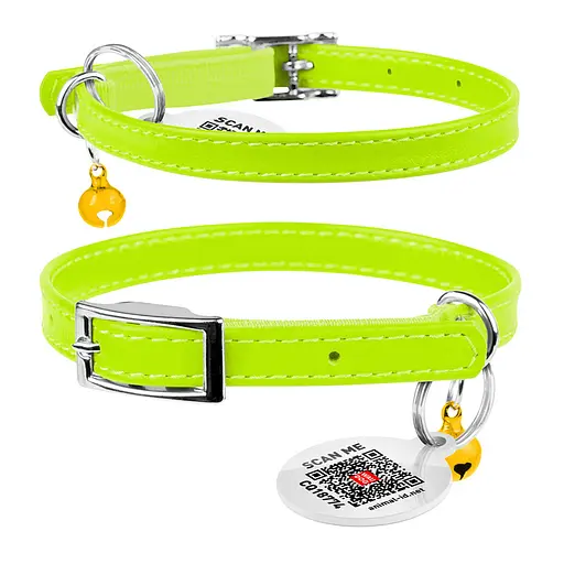 Нашийник для котів шкіряний Waudog Glamour з QR-паспортом без прикрас XXS Ш 9 мм Д 22-30 см салатовий