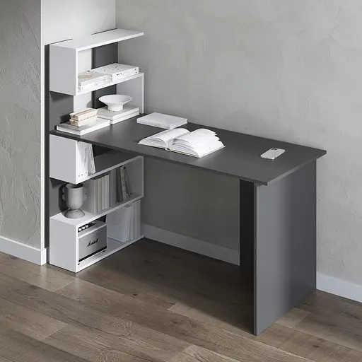 Комп’ютерний стіл Vays M-24 Антрацит-Білий, письмовий з полицями ліворуч, ЛДСП, 142×60×123 см - для дому, навчання, офісу