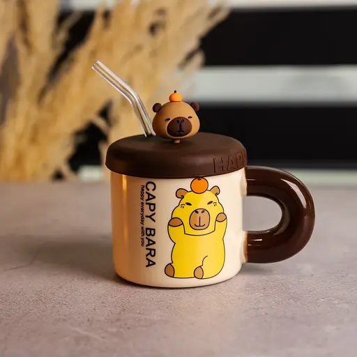 Чашка фарфоровая Капибара с апельсином 400 мл с крышкой и трубочкой FM-27C - фото 2