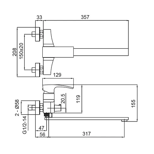 Змішувач для ванни з довгим виливом Koer KB-42007-01 KR3456 Хром - фото 2