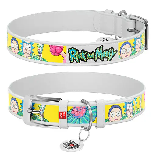 Нашийник для собак шкіряний Waudog Design з QR-паспортом "Рік та Морті 1" L Ш 25 мм Д 38-49 см білий