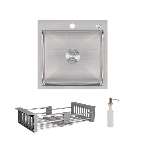 Кухонная мойка Lidz Handmade H5050 интегрированная Brushed в комплекте с дозатором и корзиной, Нержавеющая сталь - фото 1