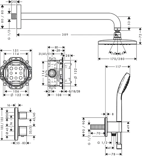 Душова система прихованого монтажу Hansgrohe Croma E 280 1jet Ecostat E з термостатом Chrome 27953000, Хром - фото 4