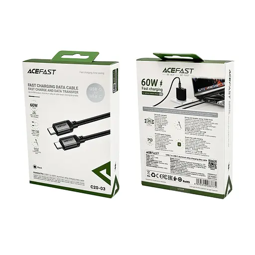 Кабель Acefast C20-03 USB-C to USB-C aluminum alloy charging data cable чорний - фото 2