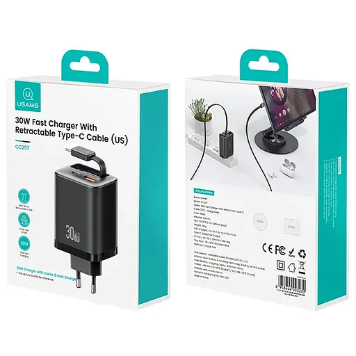МЗП Usams US-CC296 GaN With Retractable Type-C Cable Xiang Ser. 30W (1USB-A/1C) Black - фото 5