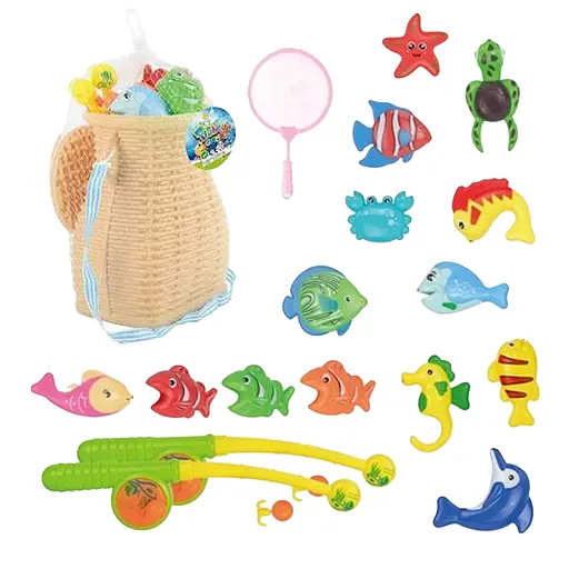 Рыбалка, корзина, 2 удочки с трещотками, 14 фигурок с магнитами и кольцами, сачок, в сетке