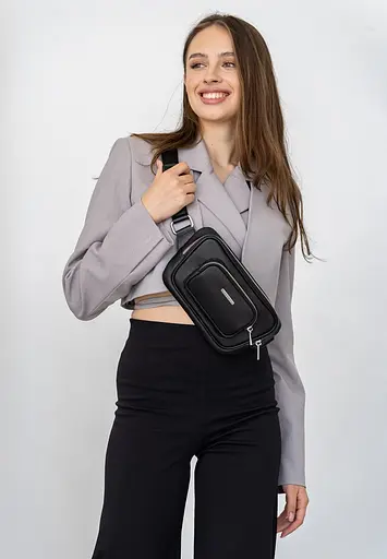 Шкіряна поясна сумка-бананка Трапеція чорна - фото 8