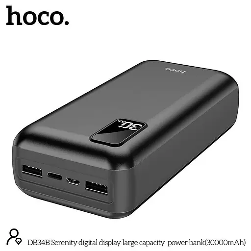 УМБ Hoco Serenity digital display large capacity power bank DB34B 30000mAh 3 порта чорна - фото 1