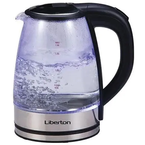 Электрочайник Liberton LEK-6809, черный, 1500W, 1.8л, стекло+нерж.сталь, дисковый, индикатор уровня воды, защита от перегрева, - фото 1