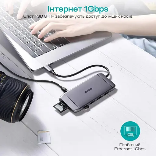 USB-хаб Choetech USB-C хаб 9-в-1 M15 HDMI 4K@30Hz, VGA, 3 USB 3.0, RJ45, USB-C PD, SD-card, TF-card (43-00153) - фото 10