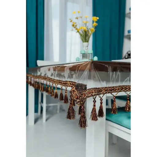 Скатерть силиконовая с коричневой бахромой 280х200 см