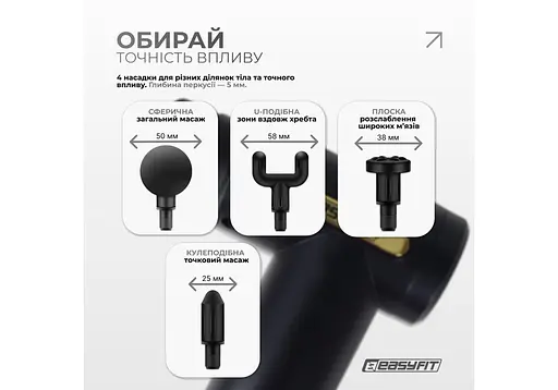 Перкуссионный массажер для тела EasyFit Pulse Mini 4 насадки, 6 режимов (EF-2070) - фото 4