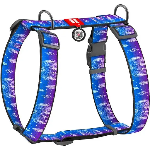 Шлея для собак Waudog Nylon анатомічна H-подібна з QR-паспортом, малюнок "Ловець снів", пластиковий фастекс, XL