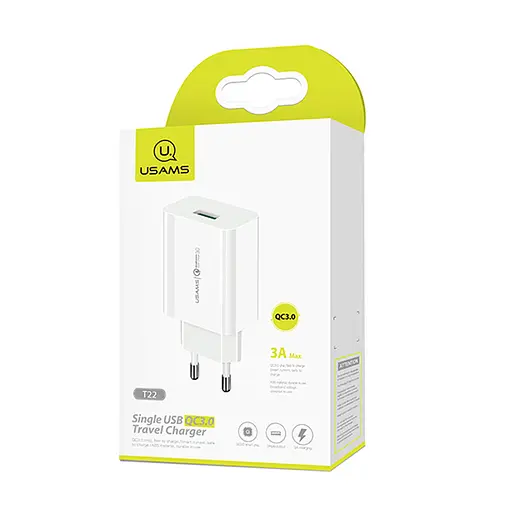 МЗП USAMS US-CC083 T22 Single USB QC3.0 Travel Charger (EU) Білий - фото 4