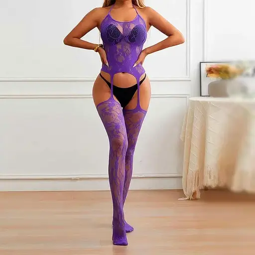 Жіночий бодістокінг фіолетовий з імітацією корсету та квітковим візерунком S M L - фото 5