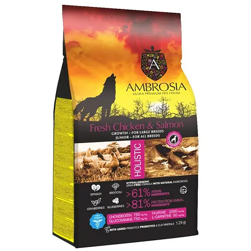Сухой корм Ambrosia Grain Free для взрослых собак больших пород с курицей и свежим лососем 2 кг