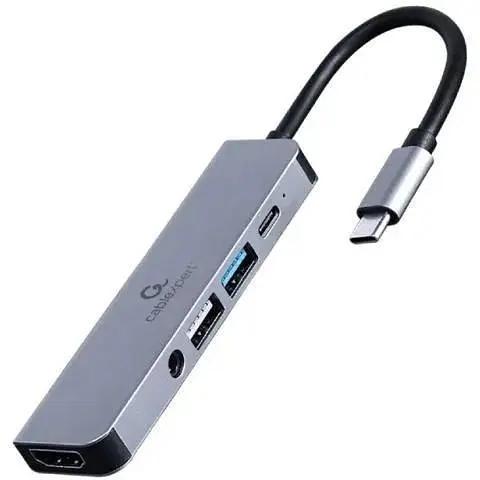 Хаб Usb Cablexpert 5-in-1, Grey, Type-C 3.1 - 1xType-C (87 Вт) / 1xUsb 3.1 / 1xUsb 2.0 / HDMI 4K / 3.5 мм, кабель 15 см - фото 1