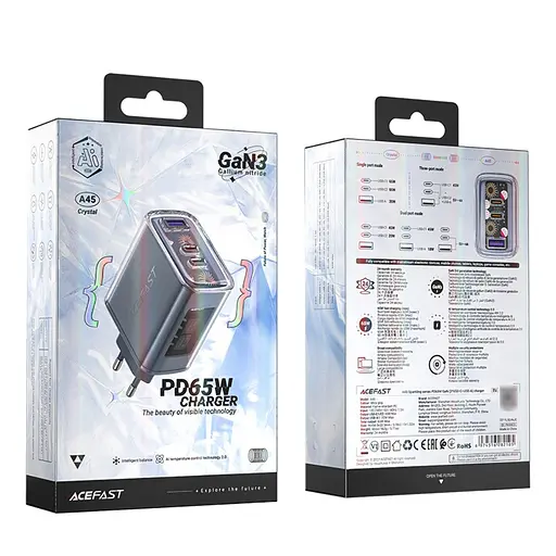 Зарядний пристрій Acefast A45 USB/2 Type-C QC PD PD65W GaN сіре - фото 6