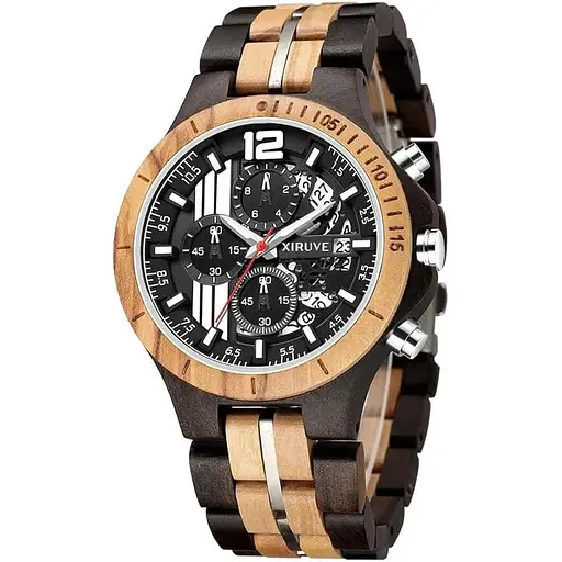 XIRUVE Дерев'яний кварцовий годинник для чоловіків Дата Хронограф з подарунковою коробкою з натурального дерева