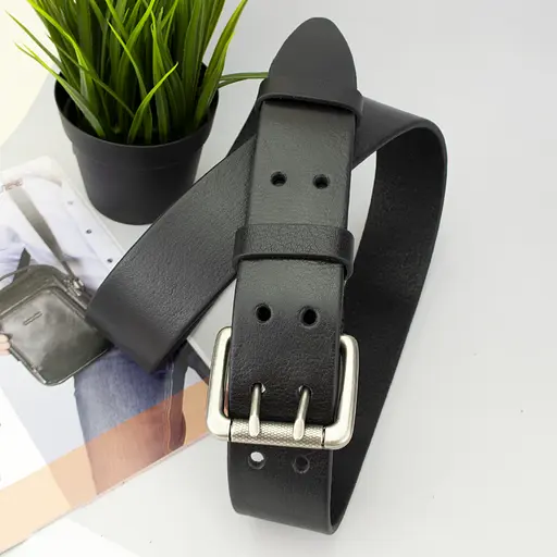 Ремень мужской кожаный широкий JK-4561 черный двухшпеньковый (130 см) - фото 4