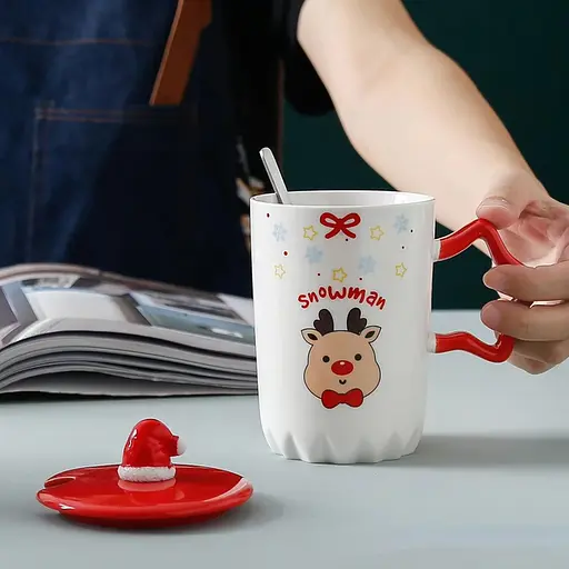 Чашка новорічна Snowman з кришкою та ложкою Олень 360 мл Біла - фото 4