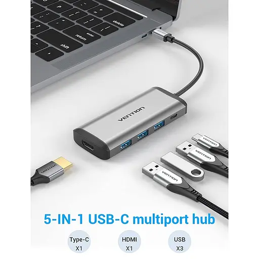 USB-хаб Vention Type-C to HDMI/USB3.0*3/PD Converter 0.15M Gray Metal Type (CNBHB) - фото 3