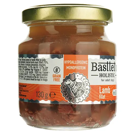 Вологий корм для собак Basttet`o Holistic шматочки філе ягня в желе 130 г скло - фото 2
