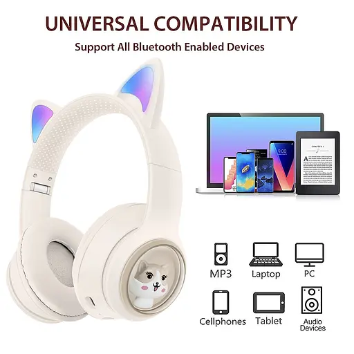 Дитячі бездротові Bluetooth навушники AZK-01 з RGB підсвічуванням і вбудованим мікрофоном Бежевий - фото 6