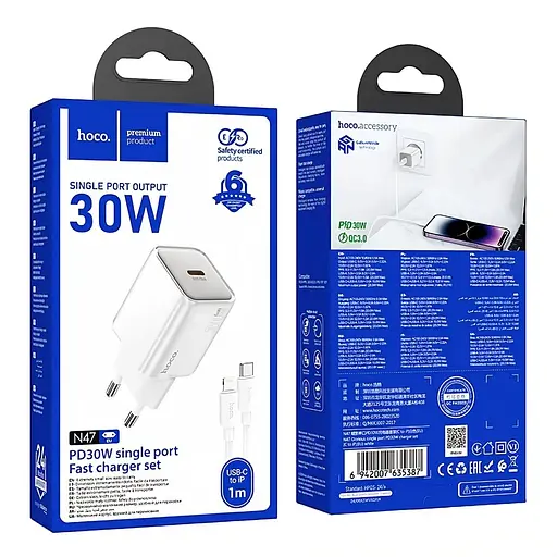 Сетевое зарядное устройство Hoco N47 GaN PD30W Type-C + кабель Type-C Lightning белый - фото 2