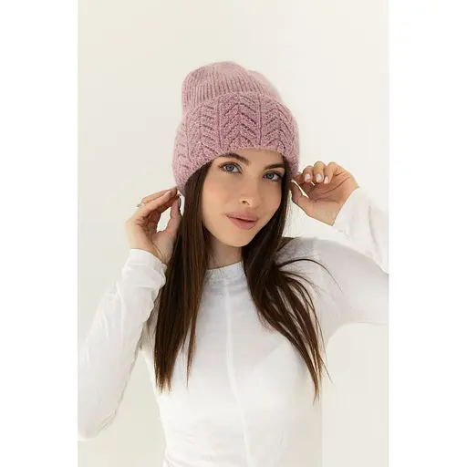 Женская вязаная шапка Ангора Ажур с флисовой подкладкой 60% ангора Пудрово розовый - фото 1