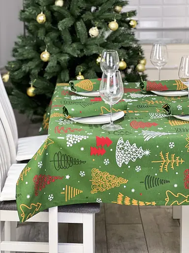 Водоотталкивающая Скатерть новогодняя с принтом Елки 220х140 см (+ 4 салфетки 30х40) Зеленый