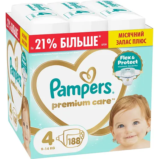 Подгузники Pampers Premium Care Размер 4 (9-14 кг) 188 шт. - фото 1