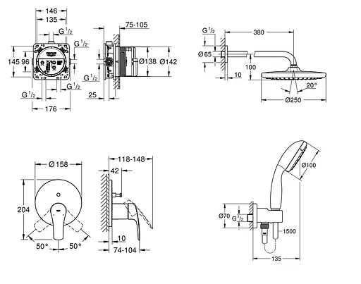 Душевая система скрытого монтажа со смесителем Grohe Eurosmart New Tempesta 250 UA26416SC3, Хром - фото 5