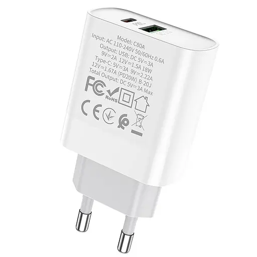 СЗУ Hoco C80A Plus Rapido PD20W+QC3.0 (1USB-A/1C) White - фото 4