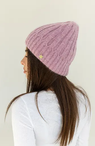 Теплая женская шапка Ангора Рейчел двухслойная с брошью Розовый - фото 3