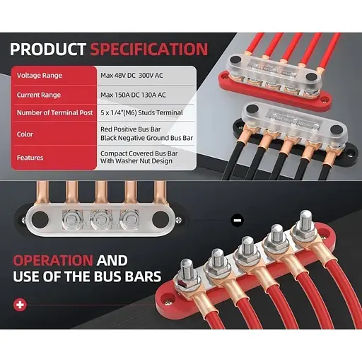 Комплект розподільчих блоків з шиною Bus Bar з 5-ю шпильками М6 для з'єднання кабелів 150А, 48 VDC/300VAC - фото 5