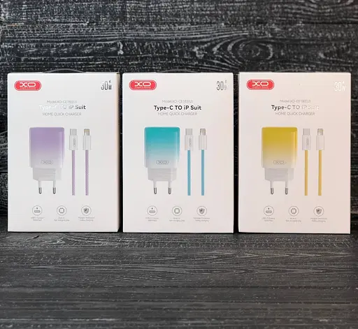 Зарядное устройство для XO CE18 30W набор с кабелем Type-C Lightning желтый - фото 6