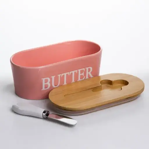 Маслянка порцелянова Yiwu з бамбуковою кришкою та ножем для масла рожевий CYT-P - фото 3