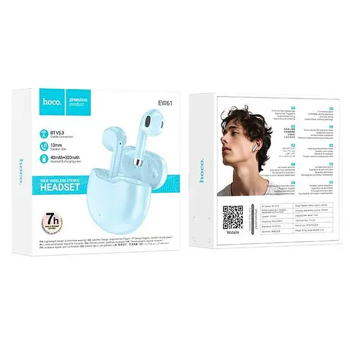 Навушники Hoco June true wireless BT headset EW61 | BT5.3, 40/320mAh, 7h | blue - фото 2