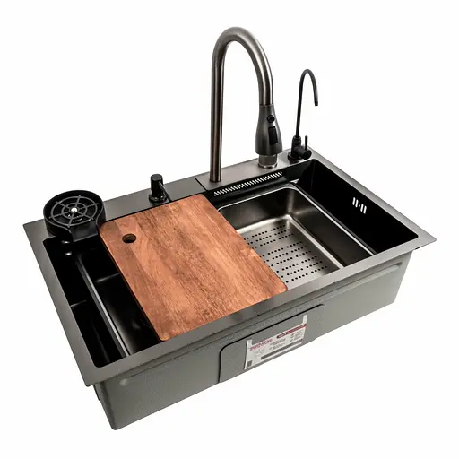 Кухонна мийка чорна PVD 75x46F Platinum Handmade Водоспад Fly rain, Чорний - фото 1