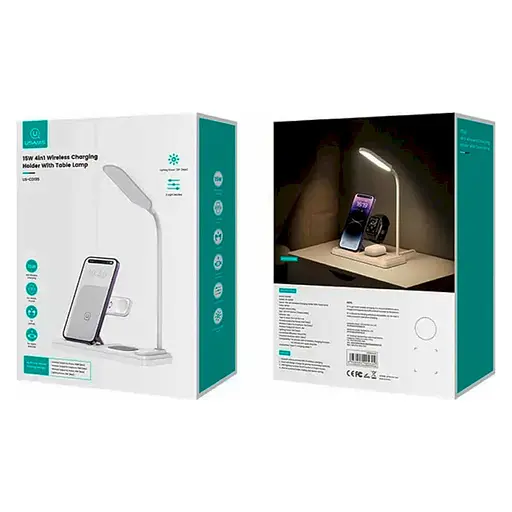БЗП Usams US-CD195 15W 4in1 Wireless Charging Holder With Table Lamp White - фото 4