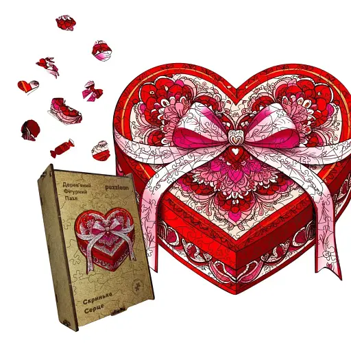 Деревяний фігурний пазл Скринька Серце, А4, Деревяна коробка 100 елементів
