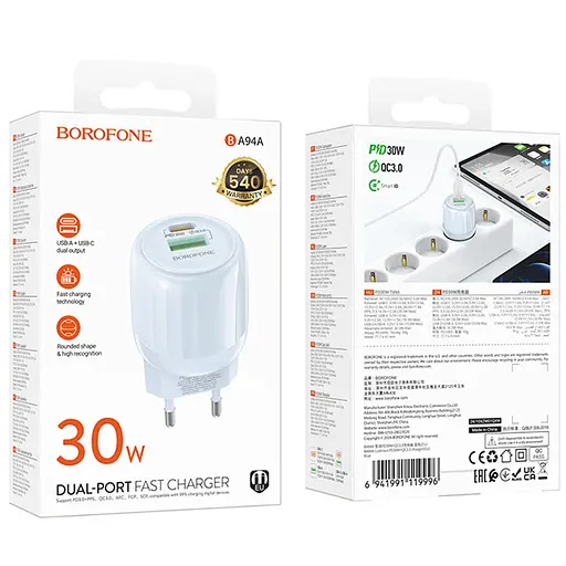 МЗП Borofone BA94A Lustrous PD30W+QC3.0 (1USB-A/1C) Blue - фото 4
