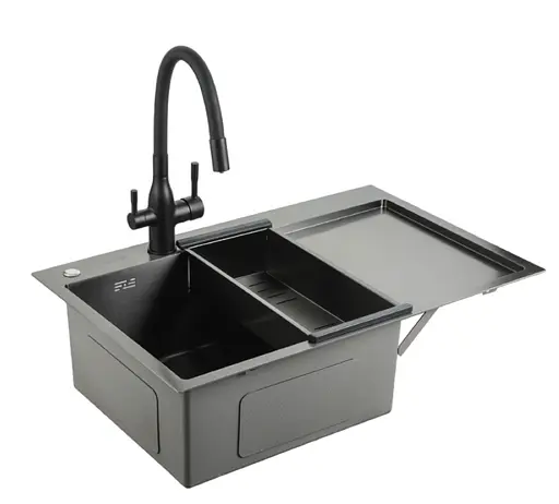 Кухонная мойка Gappo накладная 780x500 мм, поверхность PVD, правая GS7850-6R, Черный матовый - фото 2