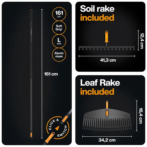 Грабли для газонов 51 см + грабли для грунта 36 см + ручка 161 см Fiskars OneClick Set (1080716) - фото 2