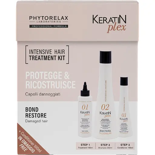 Набор Phytorelax Laboratories Keratin Plex Hair Care Средство для интенсивного восстановления 150 мл + Шампунь 250 мл + Ламелярная вода 100 мл